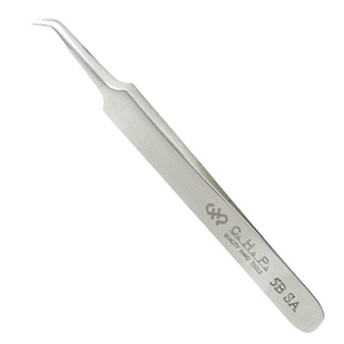 These are the tweezers that we use every day. I bend them to more of a right angle. These tweezers are thin enough to squeeze into between chips and strong enough to grab a chip without compromise. If I had to choose one tweezer to get, then this would be it. I have about 10 of these that I just swap in and out.
