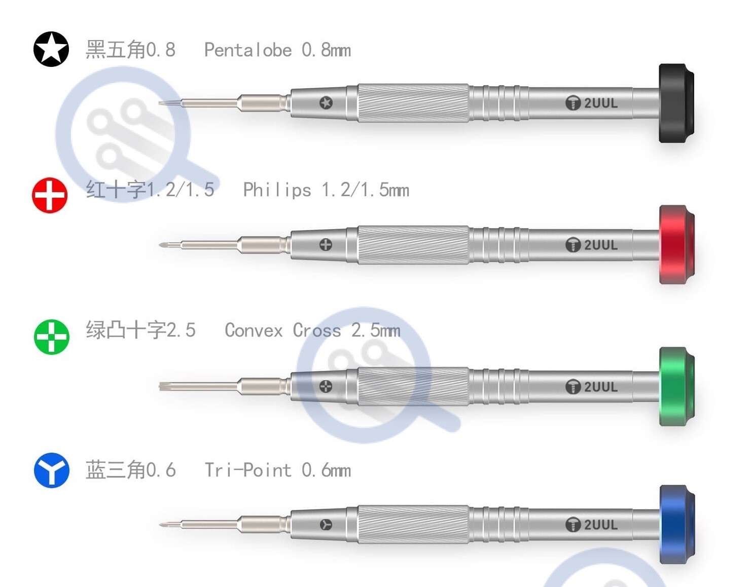 This is the 2uul screwdriver set for iphone repair. These screwdrivers are pretty much the only ones that you’ll need for logic board repair. These 2uul brand screwdrivers are high quality and they have replaced my expensive Wiha drivers. You’ll receive 4 screwdrivers with this order, including pentalobe (black), convex cross (green), philips (red), and tri-wing (blue) screwdrivers.